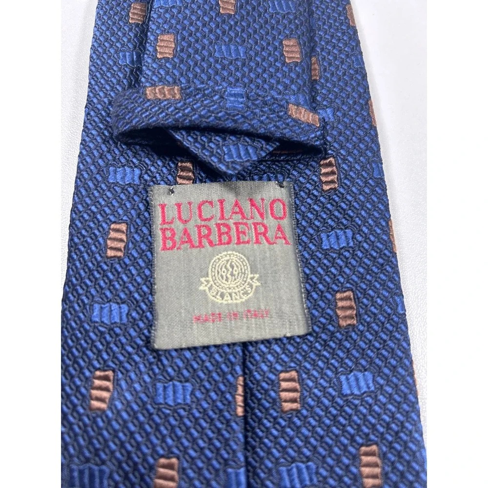 Luciano Barbera Mens Silk Tie Blue Brown Geometric Pattern Made in Italy Navy - Picture 3 of 6